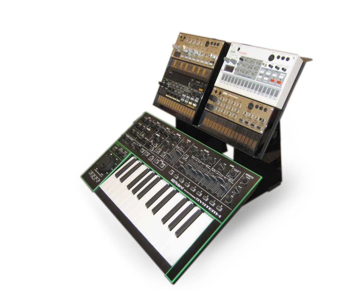 SynthRISE Expansion Shelf Large on stand holding four Volcas