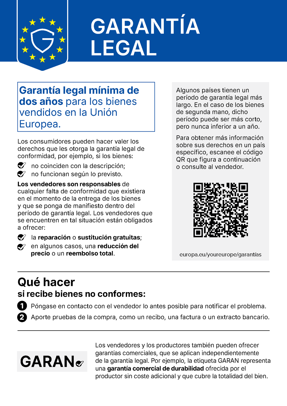 Aviso armonizado de la UE sobre la garantía legal de conformidad