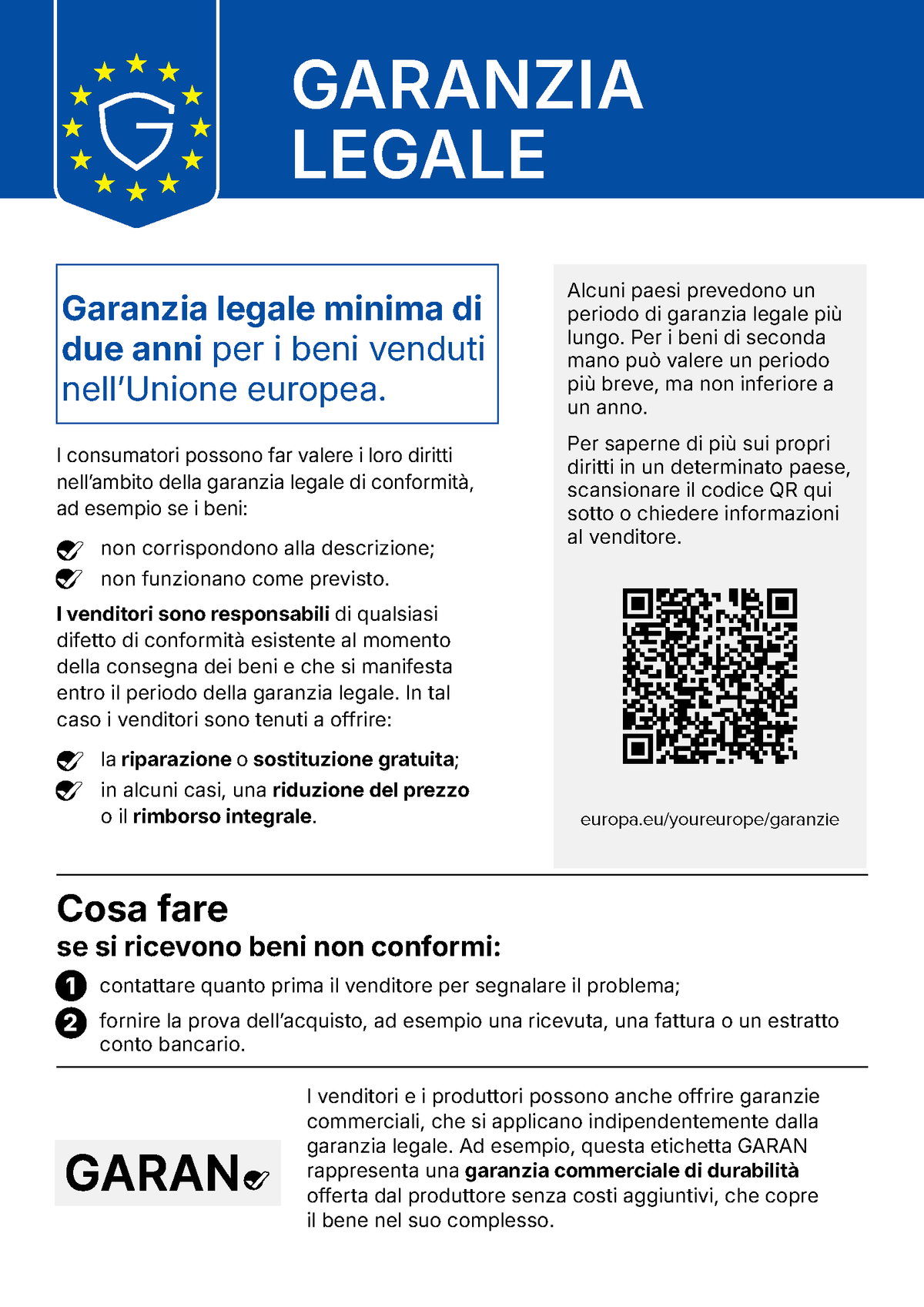 Avviso armonizzato dell'UE sulla garanzia legale di conformità