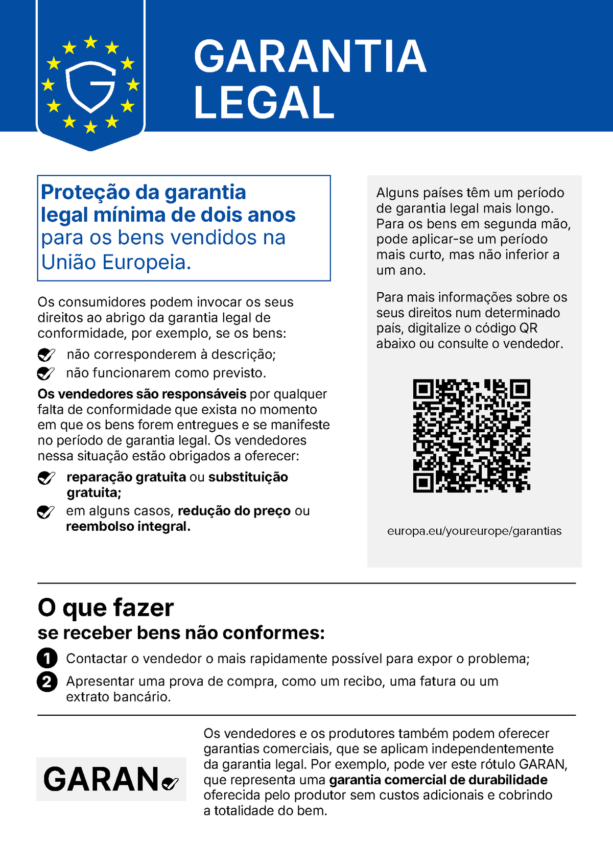 Aviso harmonizado da UE sobre a garantia legal de conformidade