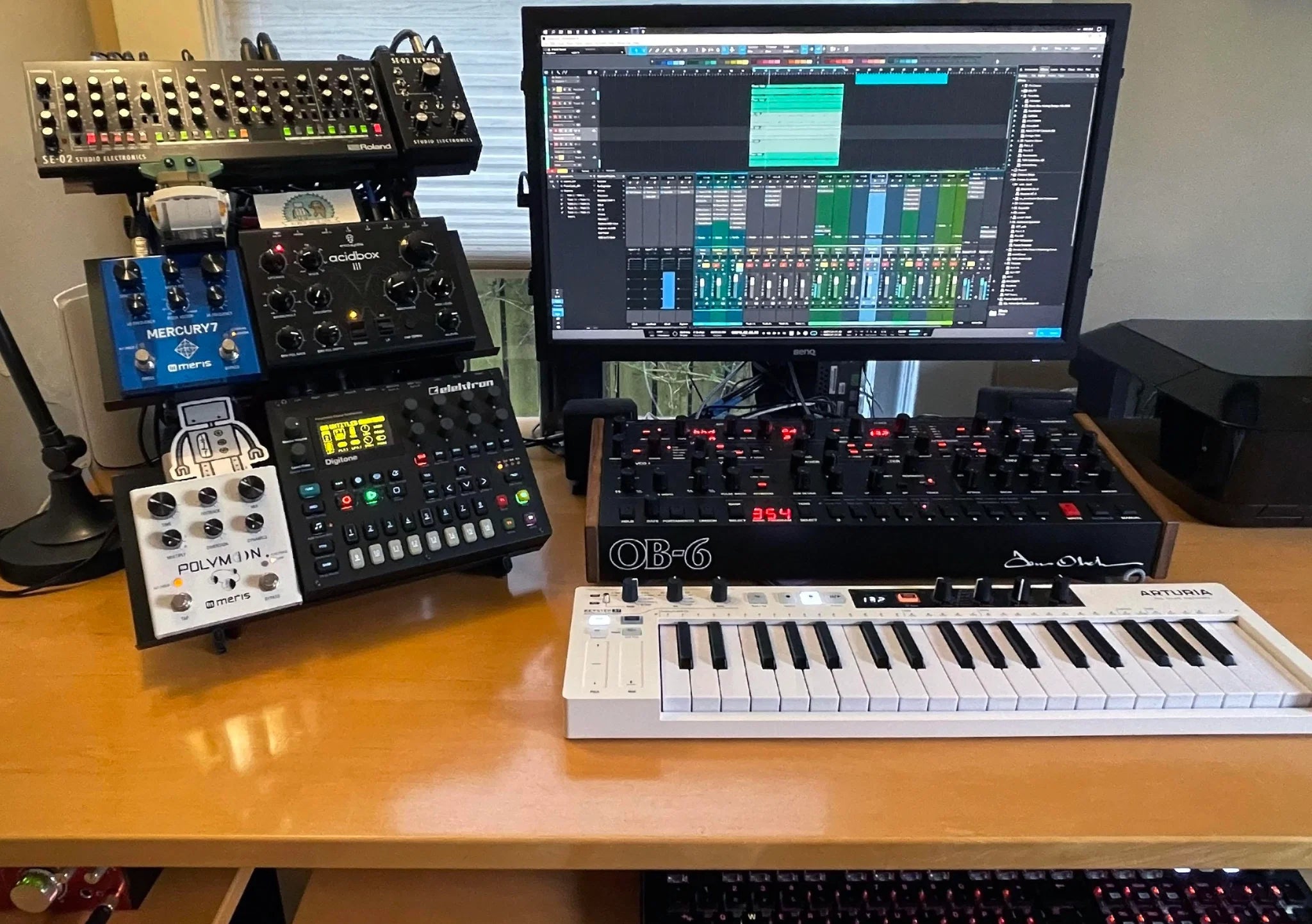 SynthRISE stand with three Expansion Shelves Medium and synth gear