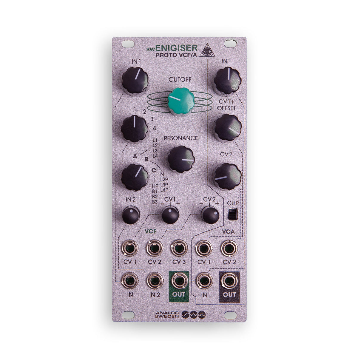 swEnigiser Proto VCF/A module with silver panel, front view