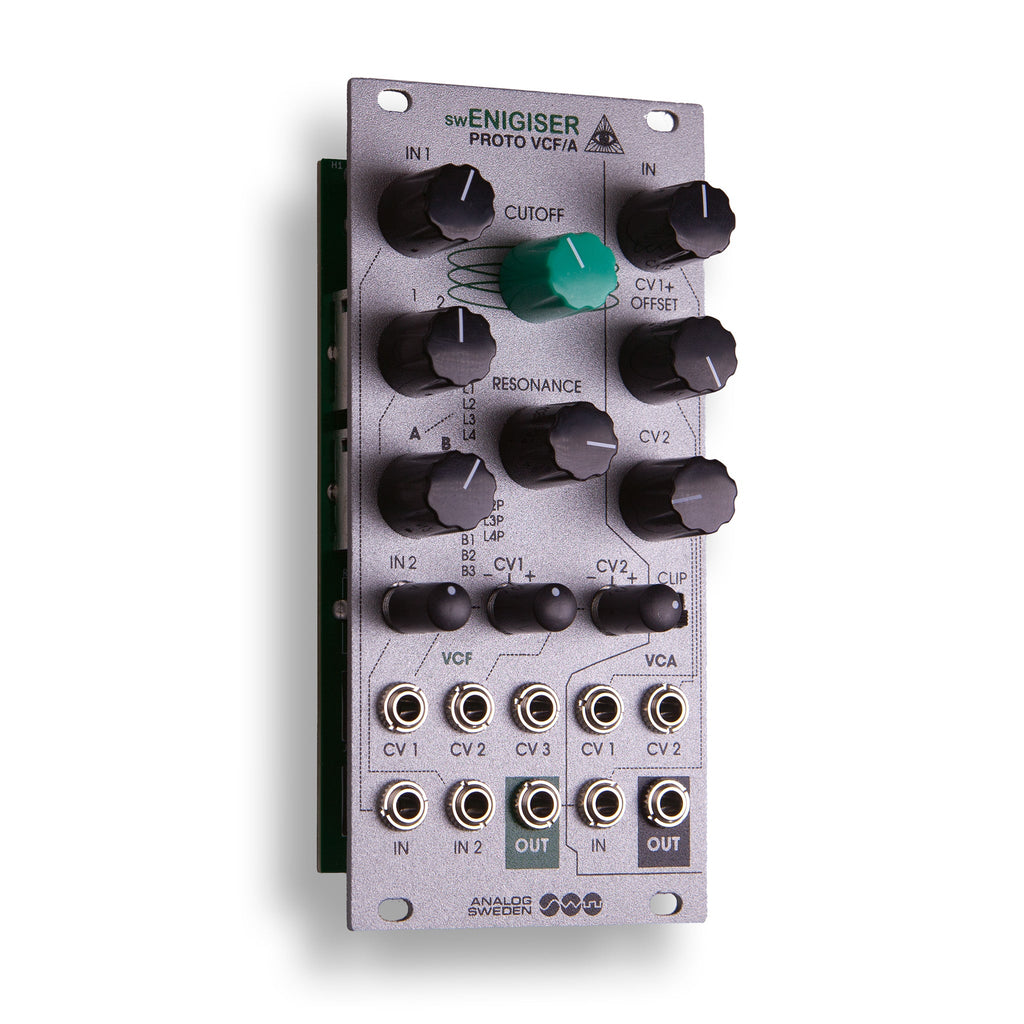 swEnigiser Proto VCF/A module with silver panel, angled view